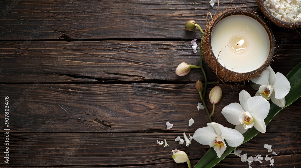 Coconut candle with orchid on wooden background Top view with space for text Coconut candle with orchid on wooden background Top view with space for text