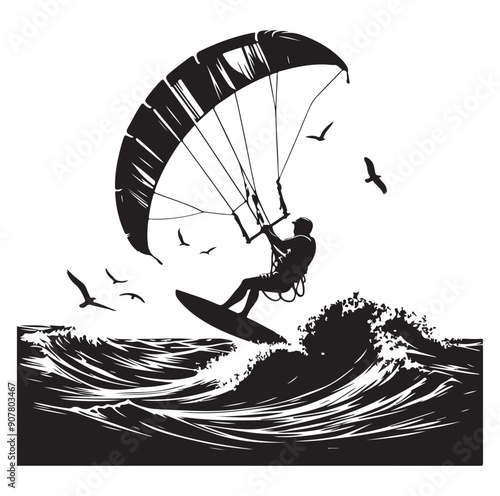 Kitesurfing Kite Surfing silhouette vector on white background.