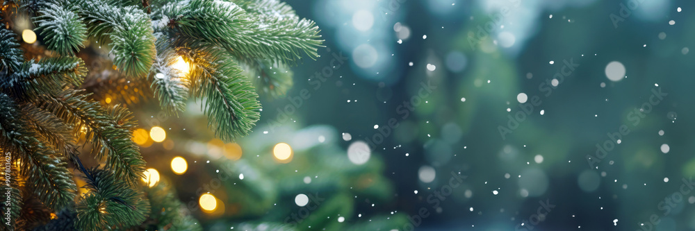 Pine tree branches with lights decoration on blurred falling snow background. Winter holidays banner Pine tree branches with lights decoration on blurred falling snow background. Winter holidays banner