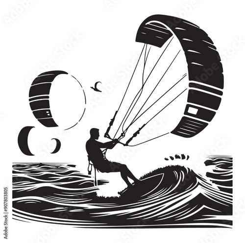 Kitesurfing Kite Surfing silhouette vector on white background.