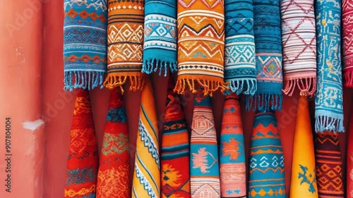 Colorful traditional handmade rugs displayed at a market.