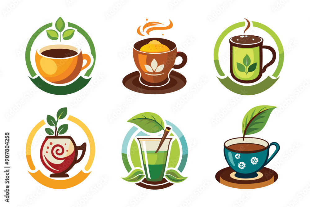 Six Colorful Circular Icons Depicting Tea and Coffee Beverages with Green Leaves Six Colorful Circular Icons Depicting Tea and Coffee Beverages with Green Leaves