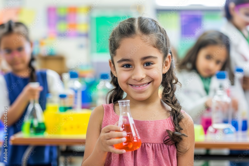 Smiling Young Girl Proudly Displaying Science Project in a Bright Classroom Setting Smiling Young Girl Proudly Displaying Science Project in a Bright Classroom Setting