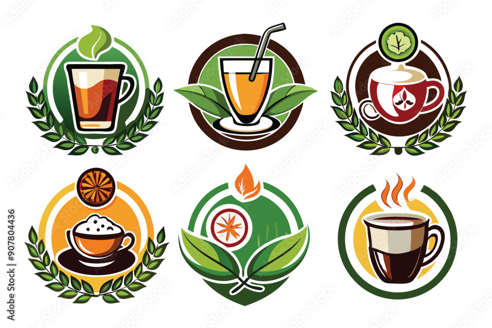 Set of Colorful Beverage Icons with Green Leaves Set of Colorful Beverage Icons with Green Leaves