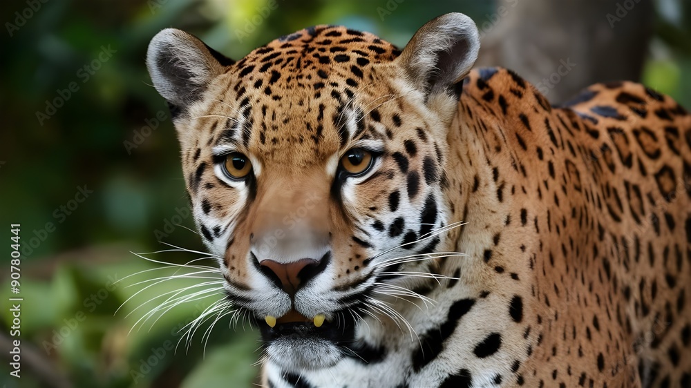 Obraz premium Bright Jaguar Animal Portrait Illustration. A striking and vibrant illustration of a jaguar, featuring a rich array of colours that bring the majestic animal to life.