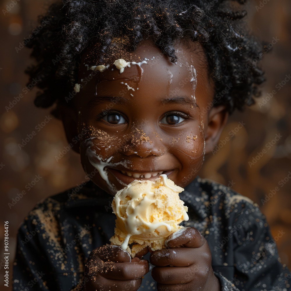 Naklejka premium A Comorian kid with a big smile, eating ice cream with ice cream marks on his face,