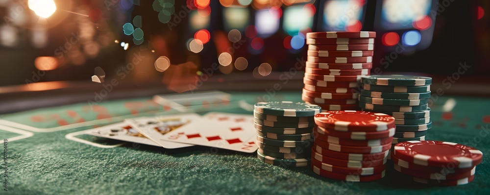 gambling chips in the casino fly and fall on the table with money in the rays of light gambling chips in the casino fly and fall on the table with money in the rays of light