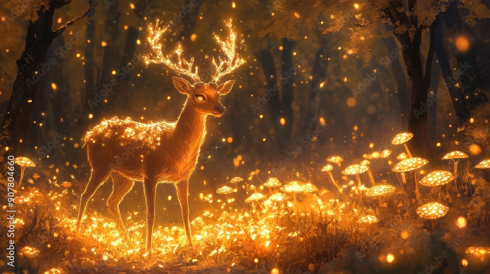 A mythical deer with crystal antlers, wandering through a forest of glowing mushrooms A mythical deer with crystal antlers, wandering through a forest of glowing mushrooms