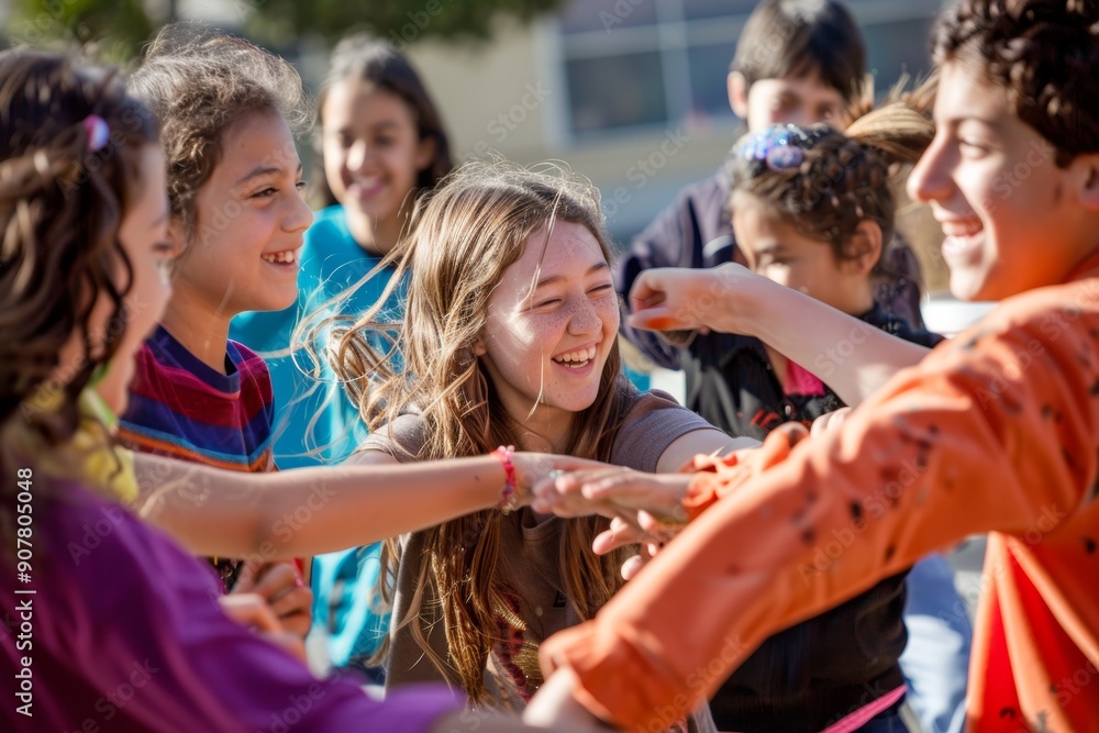 Obraz premium Joyful School Event: Students Celebrating and Dancing Together in Circle