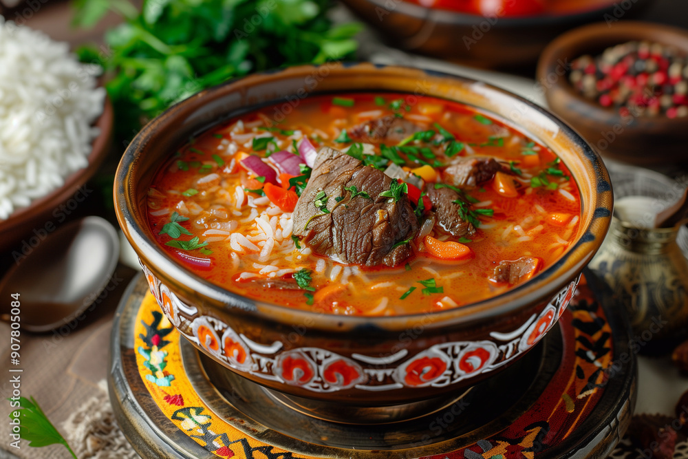 Georgian Kharcho lamb meat soup. Georgian cuisine. Georgian Kharcho lamb meat soup. Georgian cuisine.