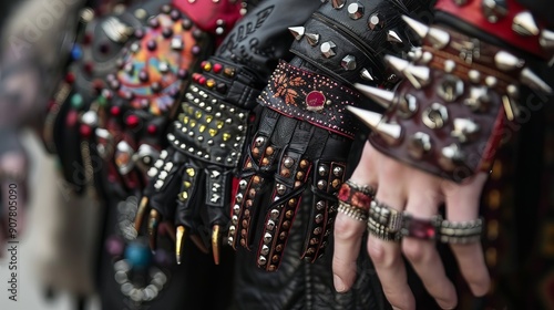 wristbands and arm sleeves, sometimes featuring spiked or studded designs