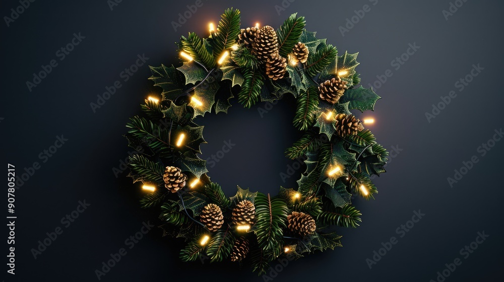 Christmas wreath with pine cones and lights. This festive wreath is perfect for adding a touch of holiday cheer to your designs. Christmas wreath with pine cones and lights. This festive wreath is perfect for adding a touch of holiday cheer to your designs.