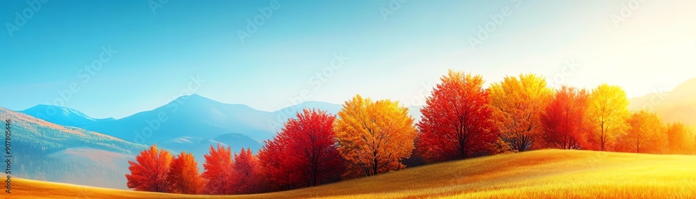 Golden Hills Rolling hills covered in golden and red trees under a clear blue sky, representing the expansive beauty of an autumn landscape Golden Hills Rolling hills covered in golden and red trees under a clear blue sky, representing the expansive beauty of an autumn landscape