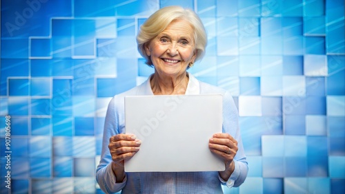 Elderly woman poses with a white square image for your text in a decent advertising style, featuring a fragmented advertising concept and bright stage decorations.