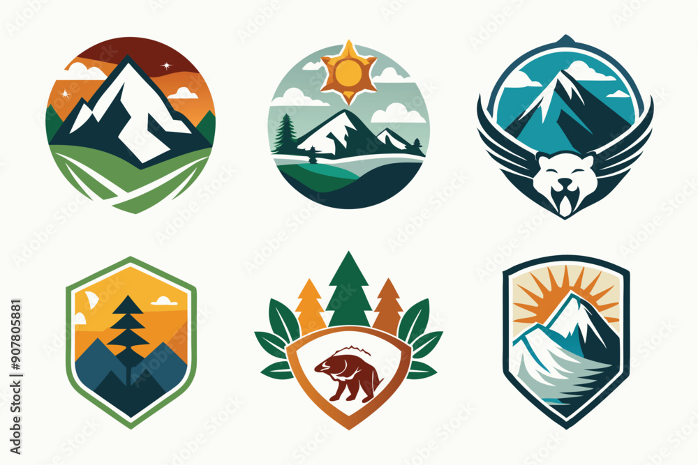 Six Colorful Mountain Landscape Logo Designs Six Colorful Mountain Landscape Logo Designs