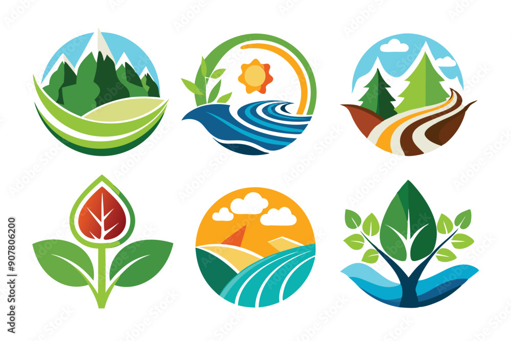 Naklejka premium Colorful Abstract Nature Icons with Mountain, River, Sun, and Leaf Motifs