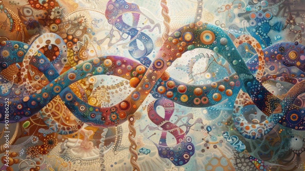 Fototapeta premium A classic oil painting depicting chromosomes as majestic figures adorned with intricate symbols and patterns.