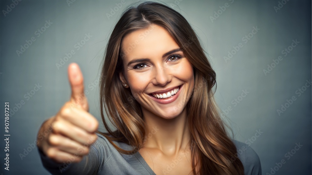 Portrait of Smiling Woman Gesticulating Thumbs Up with Photobashing Technique, Expressive Facial Expression and Positive Gesture Captured in Photography Portrait of Smiling Woman Gesticulating Thumbs Up with Photobashing Technique, Expressive Facial Expression and Positive Gesture Captured in Photography