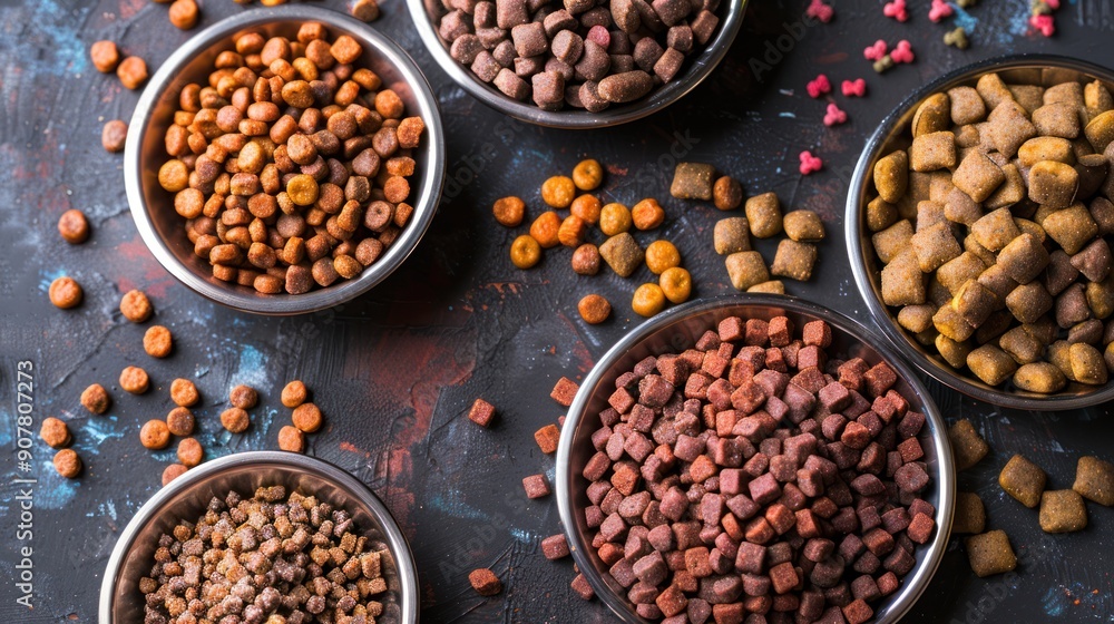 Cat and dog food in several bowls pet shop background Cat and dog food in several bowls pet shop background