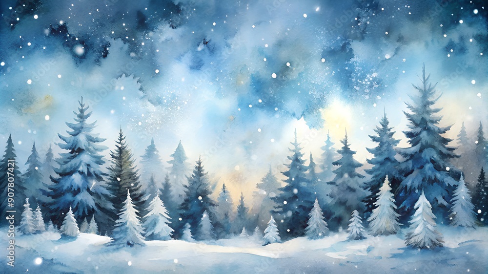 Naklejka premium Snowy Forest Background with Falling Snow and Christmas Trees. Serene Winter View.