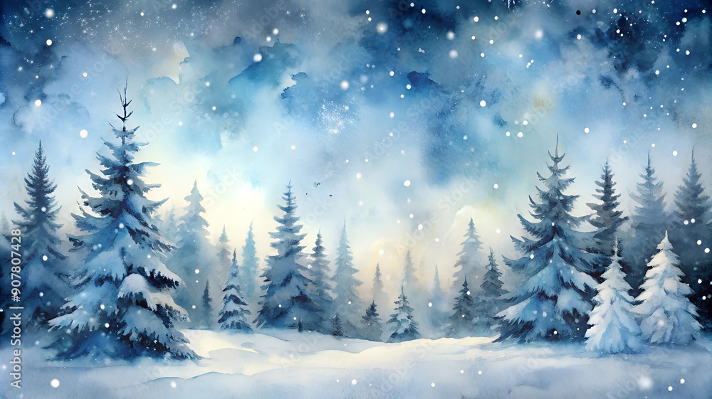Tranquil Winter Forest Scene: Snow-covered Pine Trees in Watercolor Style Painting, Serene Landscape with Falling Snowflakes, Cool Blues and Whites Creating Chilly Atmosphere of Calm Snowy Day Tranquil Winter Forest Scene: Snow-covered Pine Trees in Watercolor Style Painting, Serene Landscape with Falling Snowflakes, Cool Blues and Whites Creating Chilly Atmosphere of Calm Snowy Day