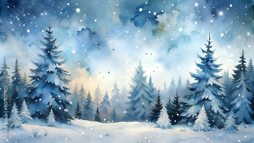 Wallpaper Mural Tranquil Winter Watercolor Landscape with Snow-Covered Evergreen Trees, Softly Lit Sky at Dusk, Falling Snowflakes, and Peaceful Atmosphere in Blue and White Tones. Serene Scene Evoking Calmness and B Torontodigital.ca