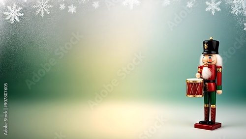 Colorful Nutcracker Holding Drum Against Sparkling Frosted Background During Winter Season Celebration