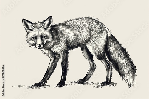 engraving isolated fox illustration ink sketch. Wild animal background