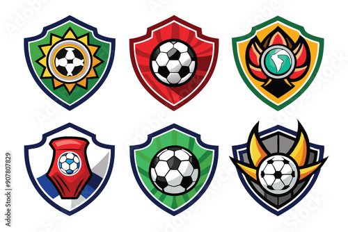 Six Colorful Soccer Team Shields with Unique Designs