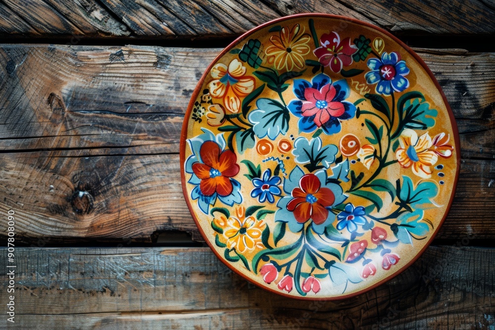 Hand Painted Ceramic Plate with Vibrant Floral Designs on Rustic Wooden Table - Perfect for Home Decor and Gifts Hand Painted Ceramic Plate with Vibrant Floral Designs on Rustic Wooden Table - Perfect for Home Decor and Gifts