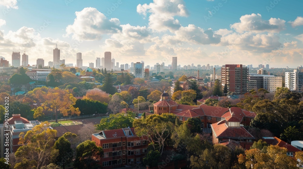 Fototapeta premium Urban Skyline with Green Trees and Buildings