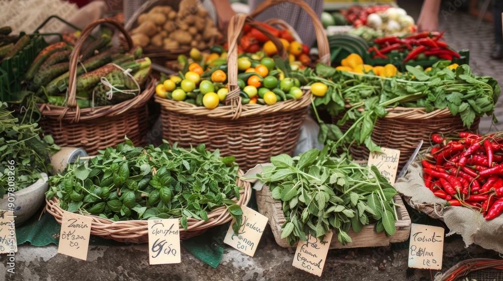 Vibrant Outdoor Market with Fresh Vegetables and Herbs - Ideal for Food Bloggers and Culinary Enthusiasts Vibrant Outdoor Market with Fresh Vegetables and Herbs - Ideal for Food Bloggers and Culinary Enthusiasts