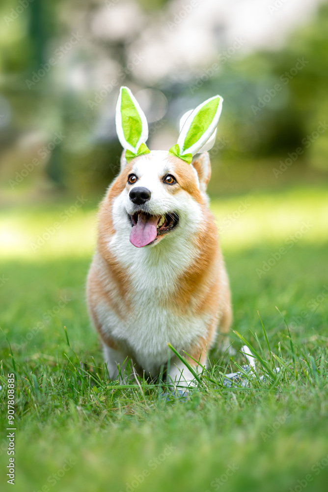 Beautiful purebred Pembroke Welsh Corgi dog with bunny ear headband posing outdoor, blurred and calm green background, summer colors. Close up pet portrait in high quality. Beautiful purebred Pembroke Welsh Corgi dog with bunny ear headband posing outdoor, blurred and calm green background, summer colors. Close up pet portrait in high quality.