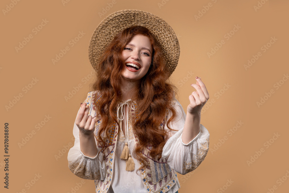 Young woman with money gesture on beige studio background. Smart lady smiling Young woman with money gesture on beige studio background. Smart lady smiling