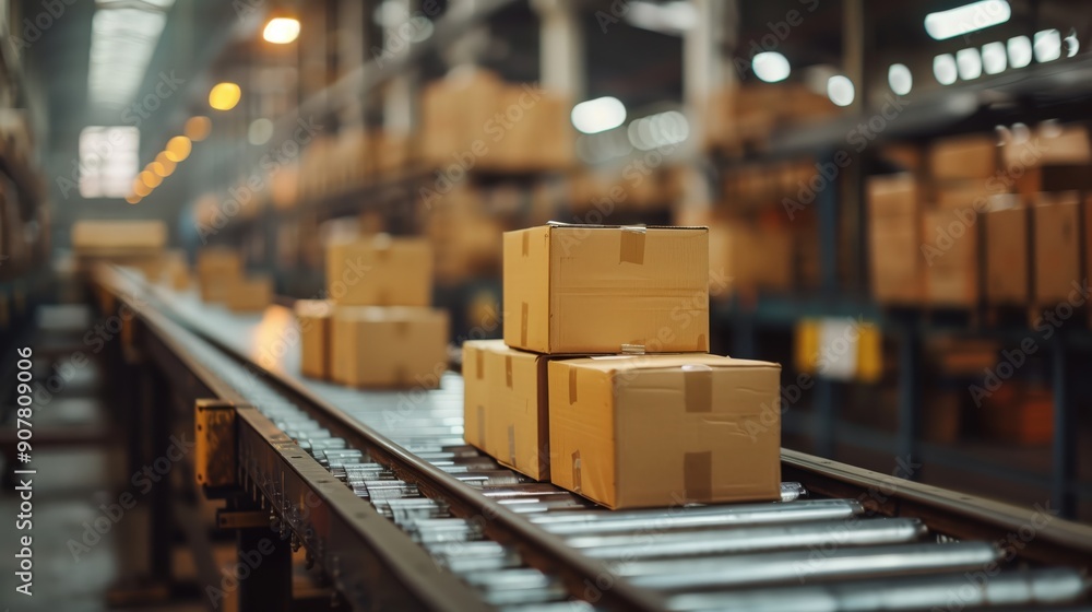 cardboard boxes on conveyor belt in warehouse, blurred background cardboard boxes on conveyor belt in warehouse, blurred background