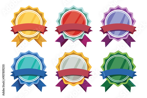 Six Colorful Star-Shaped Badges with Ribbons