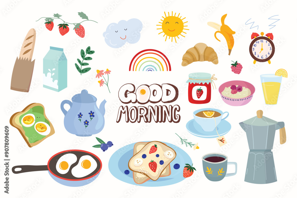 Good morning collection with different elements, food and drinks, tea, coffee, delicious freshness breakfast Good morning collection with different elements, food and drinks, tea, coffee, delicious freshness breakfast