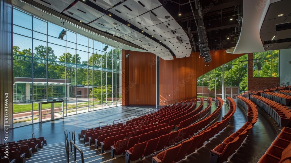 Naklejka premium Empty Auditorium Seats with Large Windows.
