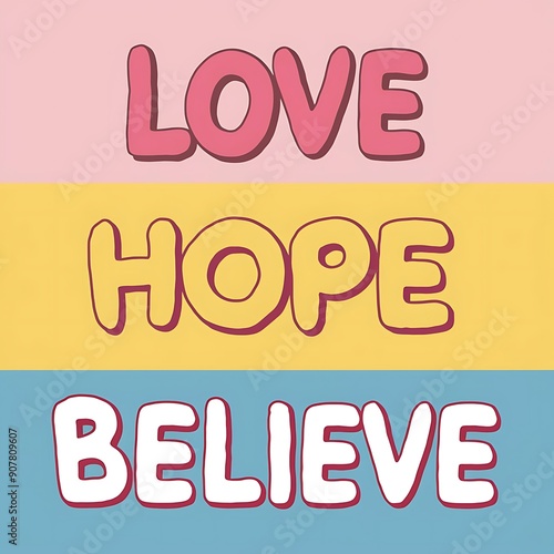 Love, Hope, Believe colorful background and text (T-shirt Design Motivational Quote, Illustration ,Typography)