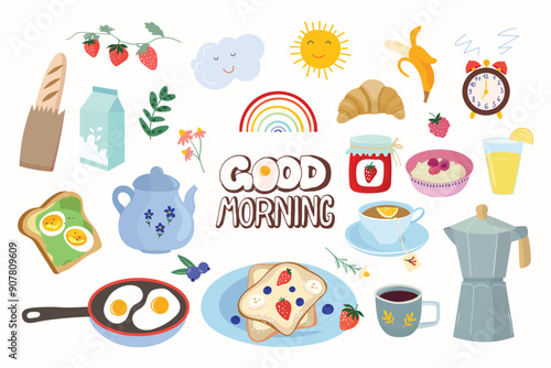Good morning collection with different elements, food and drinks, tea, coffee, delicious freshness breakfast 