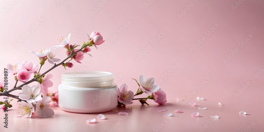 Minimalist skincare product mockup with cherry blossoms on pastel background Minimalist skincare product mockup with cherry blossoms on pastel background