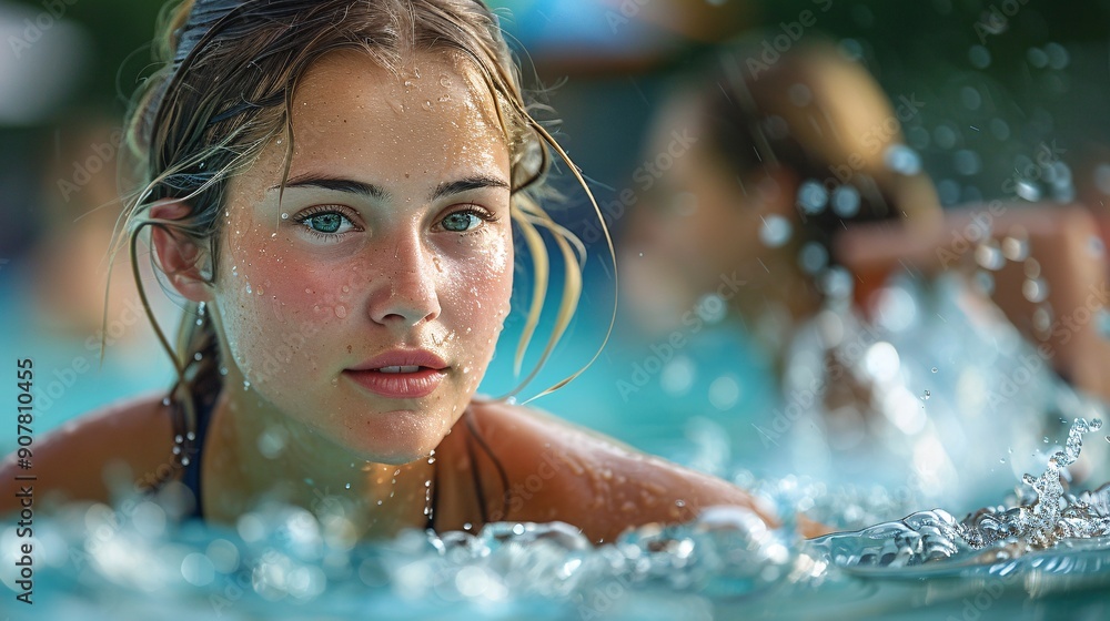 Obraz premium Young Woman Swimming Laps in an Outdoor Pool