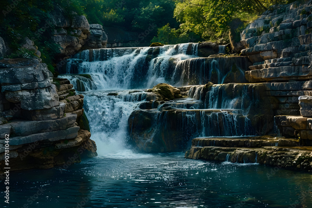 Naklejka premium Waterfall in a Forest Realistic Image