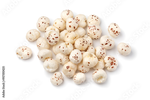Heap of puffed Lotus seed, Makhana, isolated on white background close up