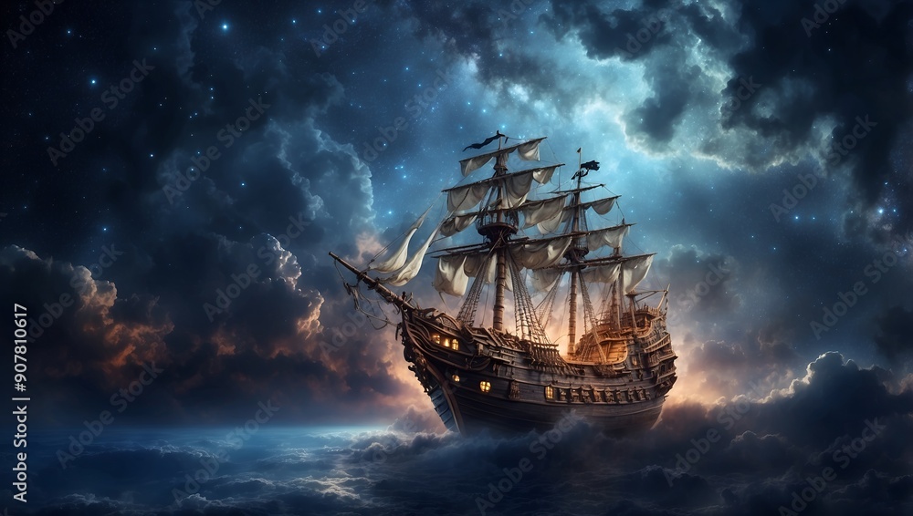 Fototapeta premium Pirate ship flying in the night sky