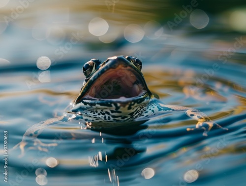 Medium shot of Colorful photo of frog with wide opened mouth, themed background, bright tonality.   photo