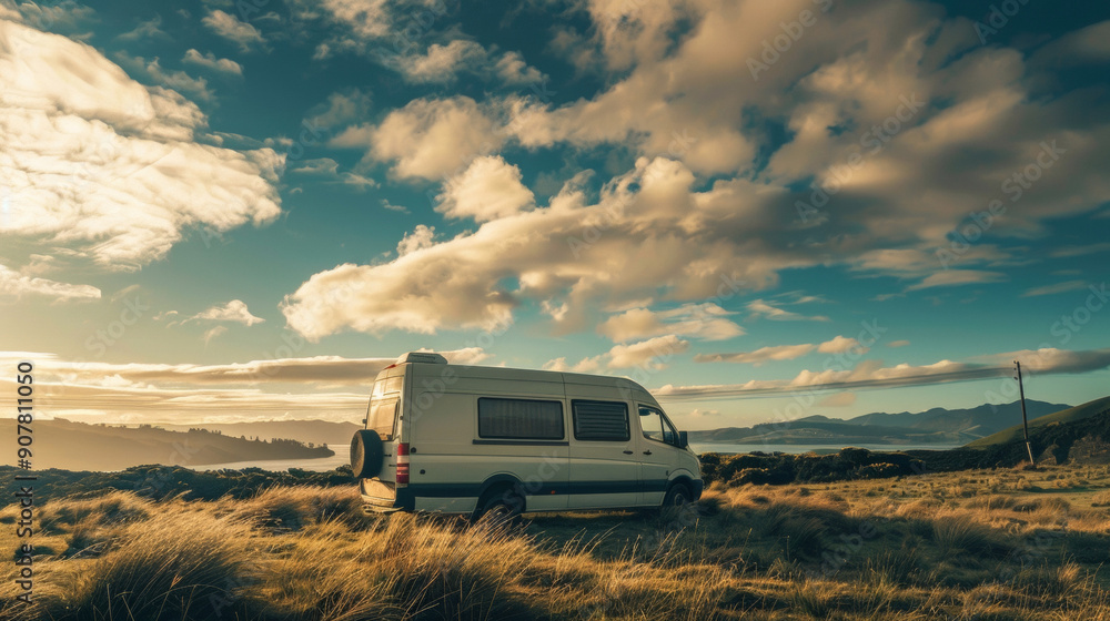 A white camper van parked in a scenic landscape during sunset. This image represents travel, freedom, and the beauty of nature. A white camper van parked in a scenic landscape during sunset. This image represents travel, freedom, and the beauty of nature.