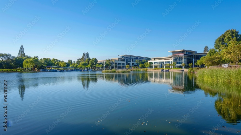 Modern Office Building with Pond Reflection. Modern Office Building with Pond Reflection.