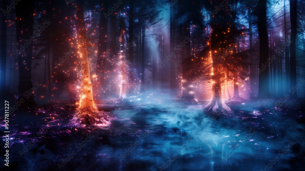 Fototapeta premium A forest with glowing trees and a stream of smoke