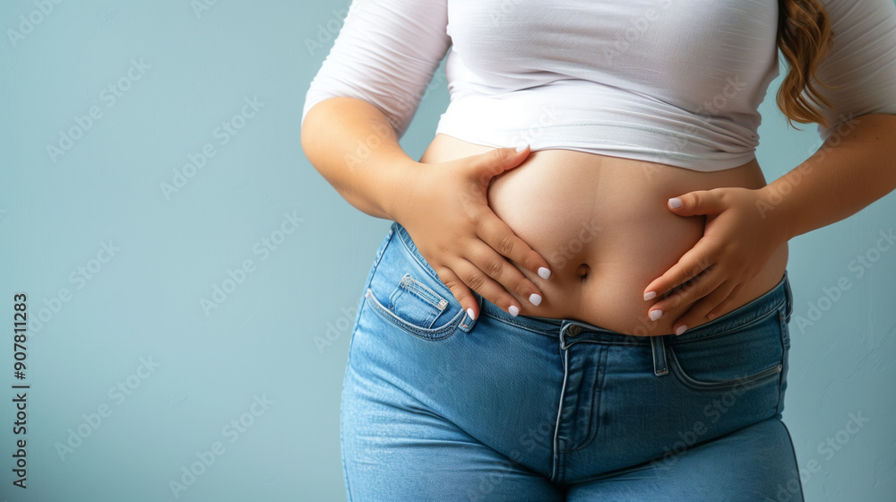 Asian woman show fat belly big size overweight and obesity on blue background with copy space. Asian woman show fat belly big size overweight and obesity on blue background with copy space.